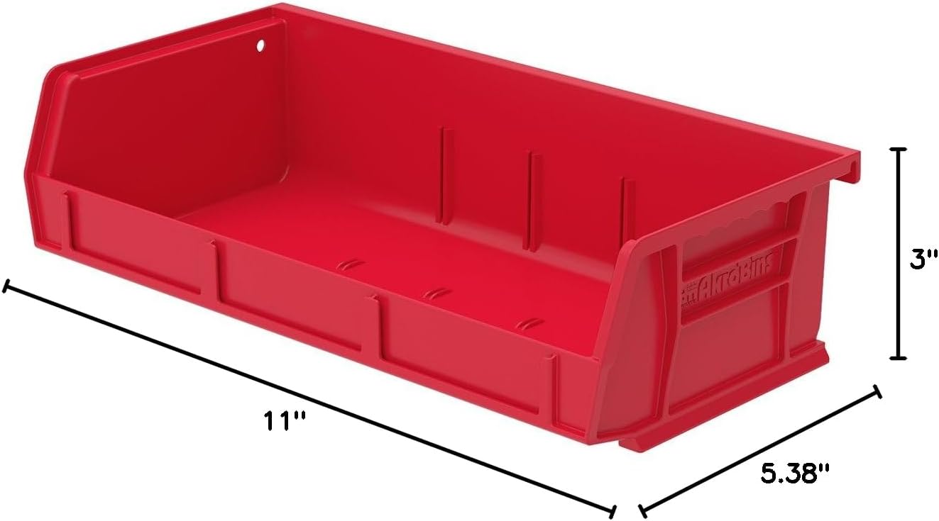 Akro-Mils 30232 AkroBins Plastic Storage Bins, Space-Saving Stackable Bins for Garage, Pantry, Craft Organization, 5-Inch x 11-Inch x 3-Inch, Red, 8-Pack
