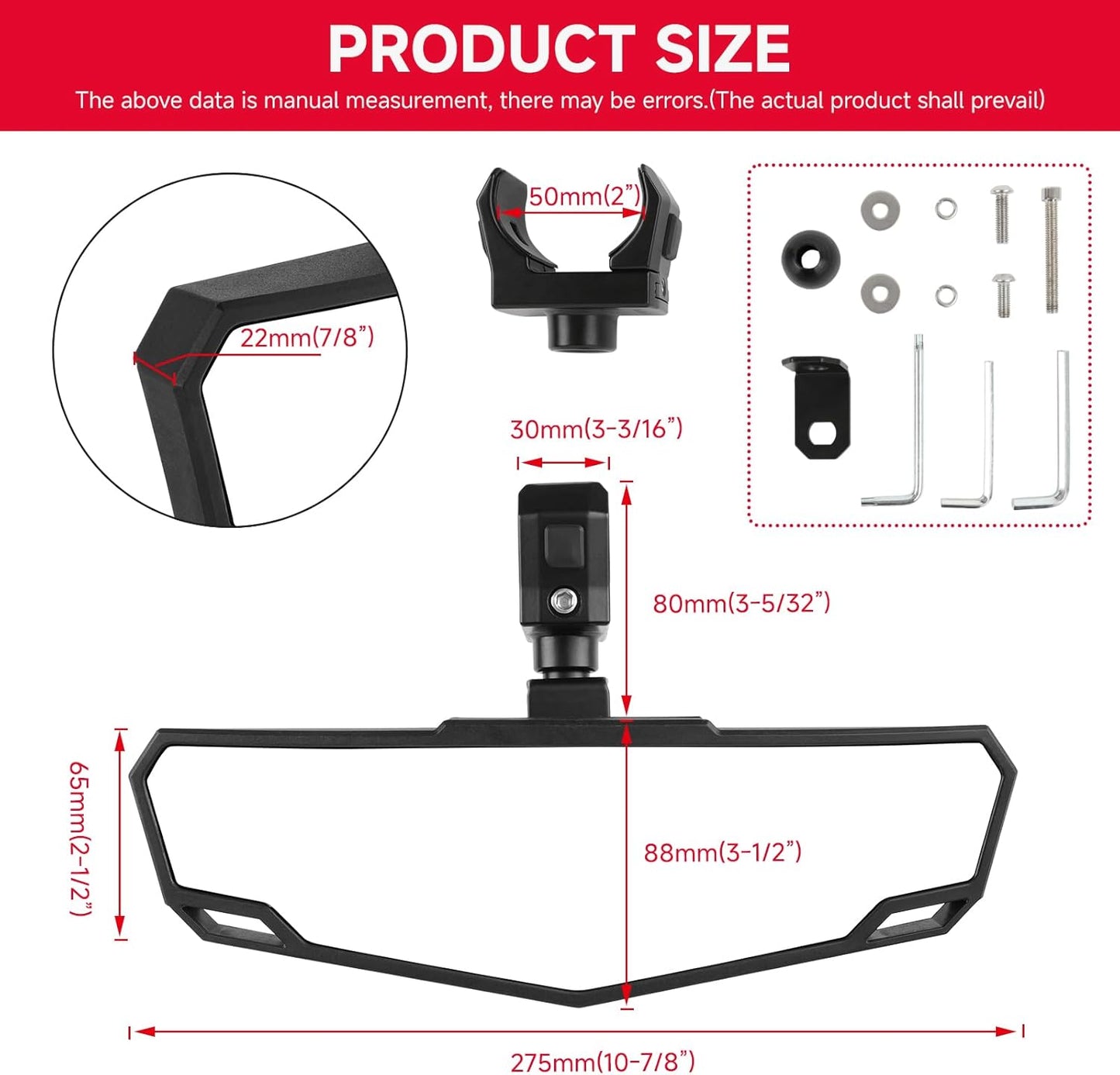 DREAMIZER UTV Rear View Mirror, 360°Adjustable Angle for 1.5" to 2.0 inch Round Roll Cage,Aluminum Clamp Convex Center Mirror Compatible with Polaris RZR General KRX Mule Can Am