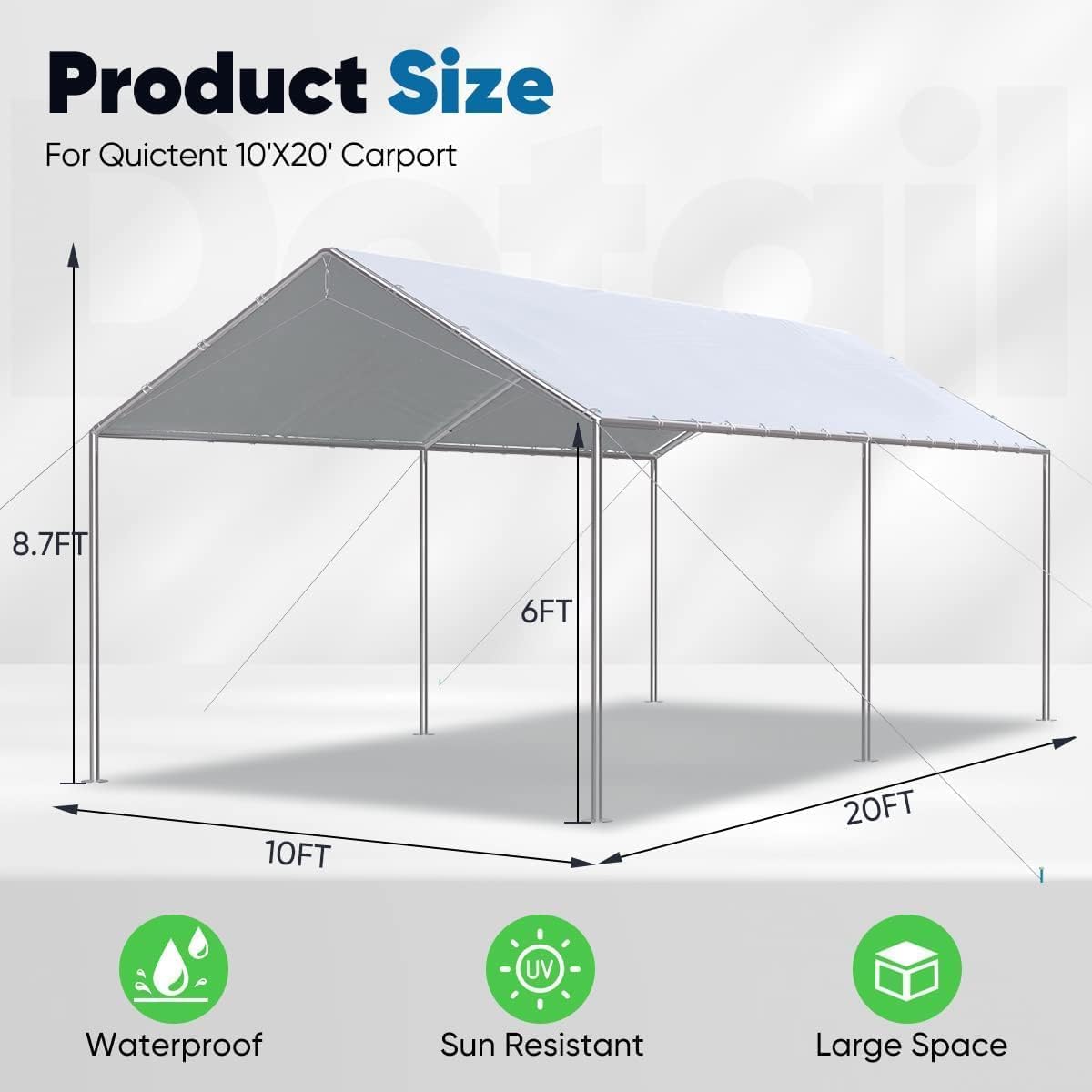 Quictent 10x20 ft Heavy Duty Car Canopy Galvanized Frame Carport Outdoor Party Tent Boat Shelter with 3 Reinforced Steel Cables - Grey