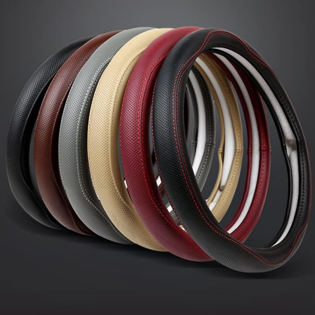 Cowhide Steering Wheel Cover Heat Resistant Anti-Slip Car Wheel Wrap Compatible with Most Makes and Models of Cars and Trucks with 14.5 to 15 Inch Steering Wheel(BlackRed)