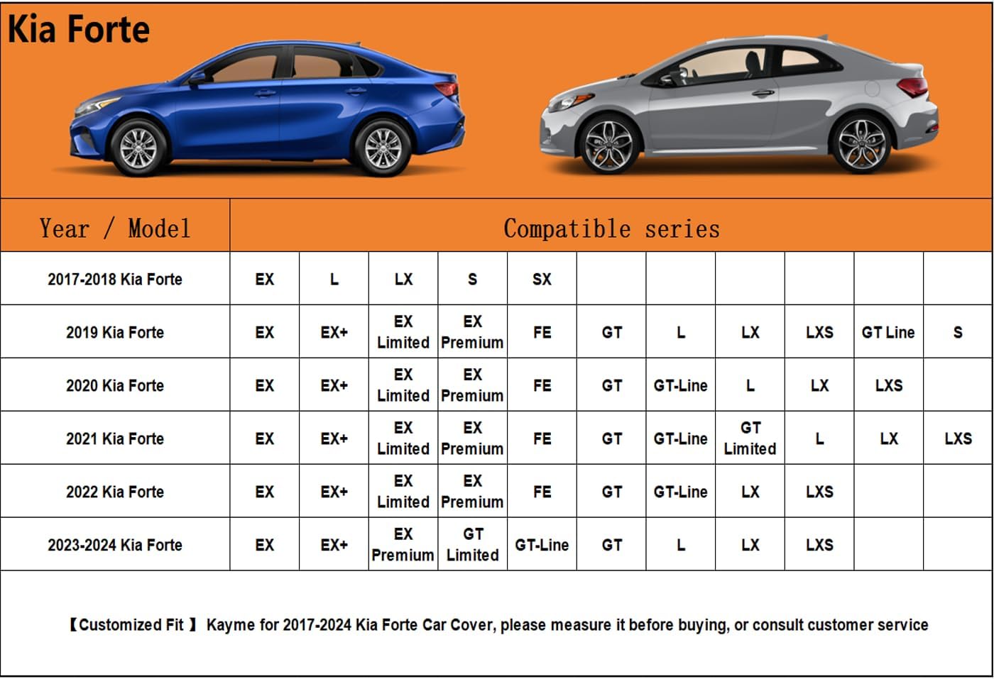 Kayme 6 Layers Car Cover Custom Fit for Kia Forte (2017-2025) Waterproof All Weather for Automobiles, Outdoor Full Cover Rain Sun UV Protection.Silver