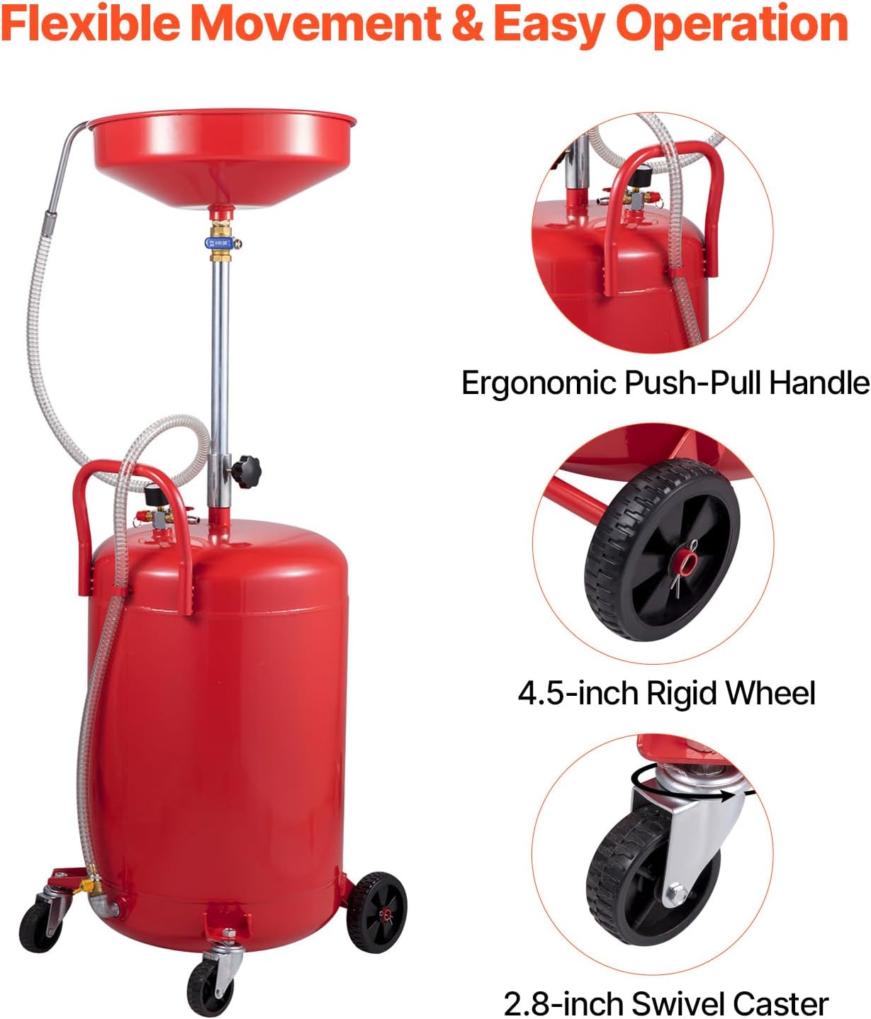 VEVOR 20-Gallon Waste Oil Drain Tank, Air Operated Portable Oil Drainer with Adjustable Funnel Height, Fluid Fuel Transfer Drainage with Wheels, Oil Change Container for Auto Repair Shops, Garages