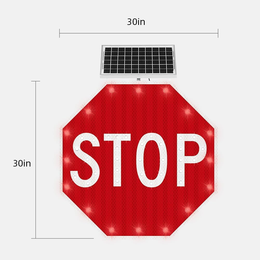 30" Solar Stop Sign Solar Powered LED Blinking Reflective Street Traffic Warning Sign Octagon Rust-proof Metal Frame