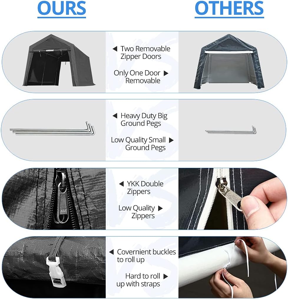 ADVANCE OUTDOOR 10x10 ft Heavy Duty Outdoor Patio Portable Canopy Storage Shelter Shed Carport with 2 Roll up Zipper Doors & Vents for Snowmobile Garden Tools, Gray