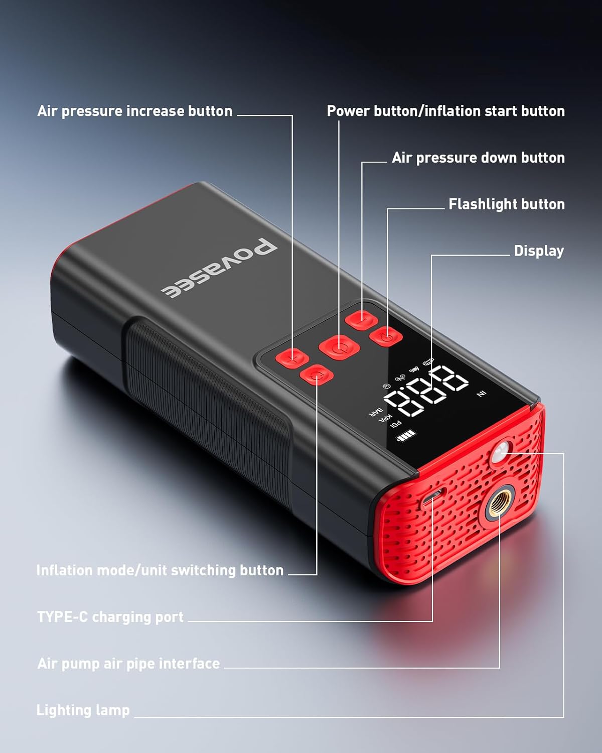 Tire Inflator Portable Air Compressor Povasee 150PSI Portable Air Pump for Tires Cordless Car Tire Inflator with LCD Display,Flashlight, 2X Tire Pump Faster suit for Cars Bikes Motorcycle Ball