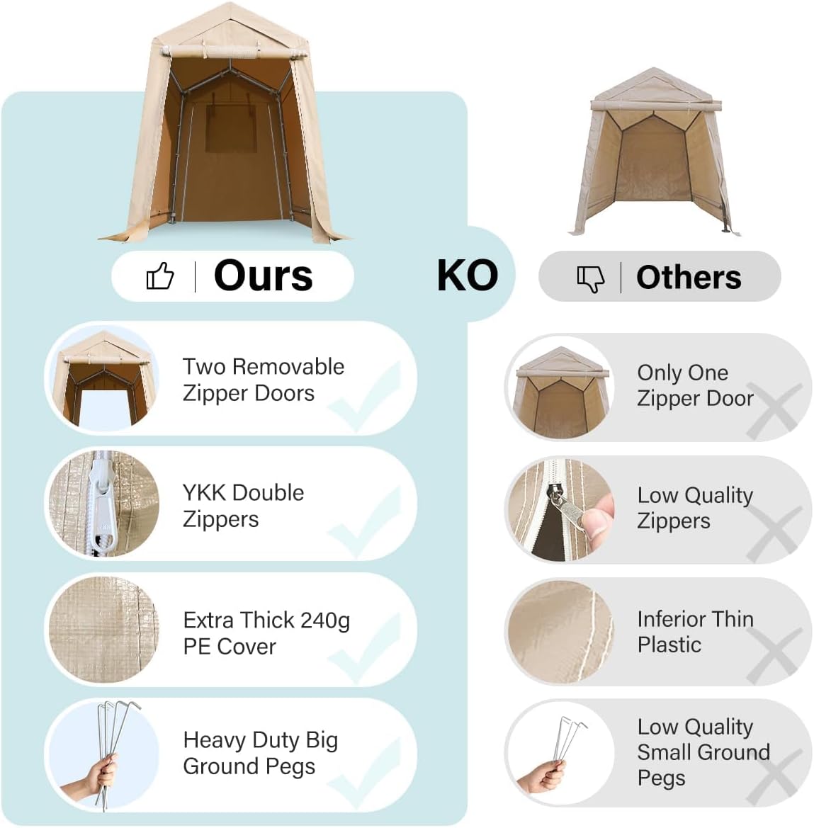 ADVANCE OUTDOOR 6x8 ft Outdoor Portable Storage Shelter Shed with 2 Roll up Zipper Doors & Vents Carport for Motorcycle Waterproof and UV Resistant Portable Garage Kit Tent, Beige