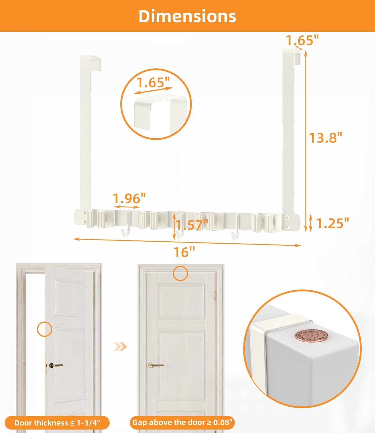 Broom Holder Over The Door - 304 Stainless Steel Mop and Broom Holder Wall Mounted or Hanging Over The Door with Hooks - Broom Hanger - white, Broom Storage Tool Organizer for Closet Laundry