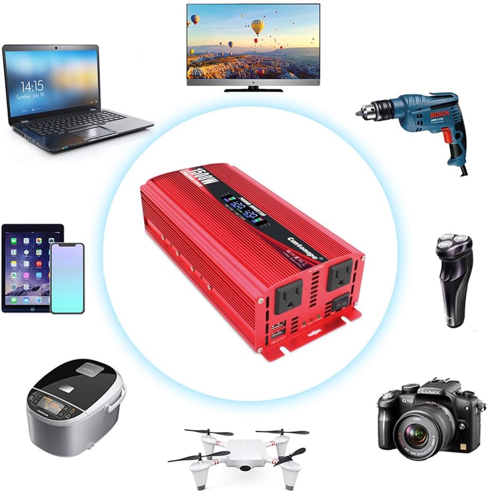 1500W Power Inverter 12V to 110V/120V Car Charger Converter with LCD Display, 3.1A Dual USB Ports 2 AC Outlets Car Adapter, Cigarette Lighter for for Truck Vehicle Red