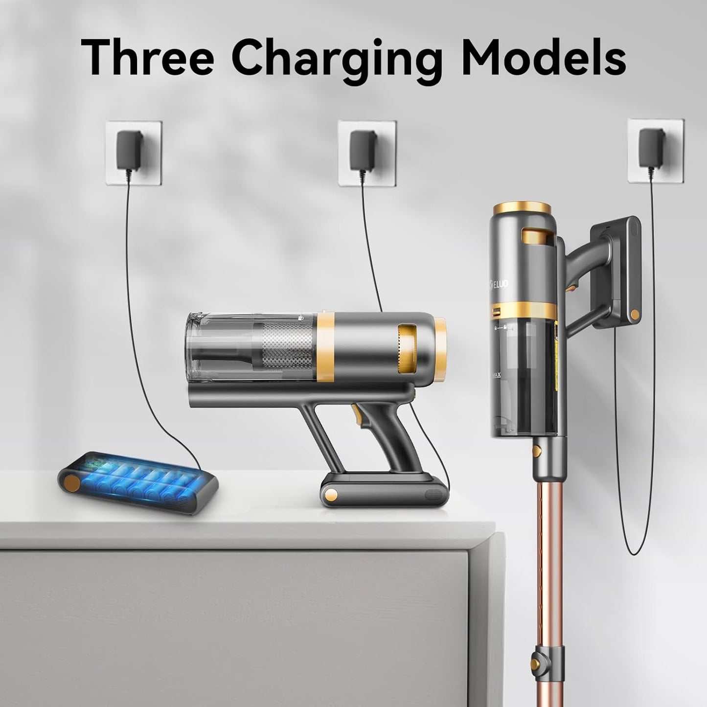 E.LUO Cordless Vacuum Cleaner 350W/≥24KPA Powerful Stick Vacuum with Led Screen Max 60 Mins Runtime Vacuum Cleaner with Rechargeable 2500 mAh Battery for Home Hard Floor Carpet Car Pet