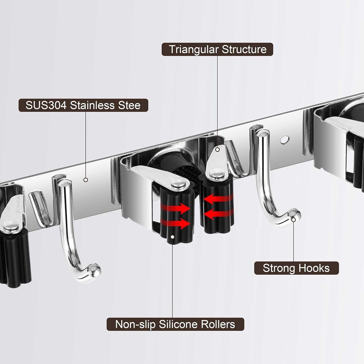 Broom Holder Wall Mount, Stainless Steel Broom Hanger Wall Mount, Heavy Duty Mop and Broom Holder Tool Racks Utility Hooks for Laundry Room Garden Garage, Black (4 Racks and 5 Hooks)