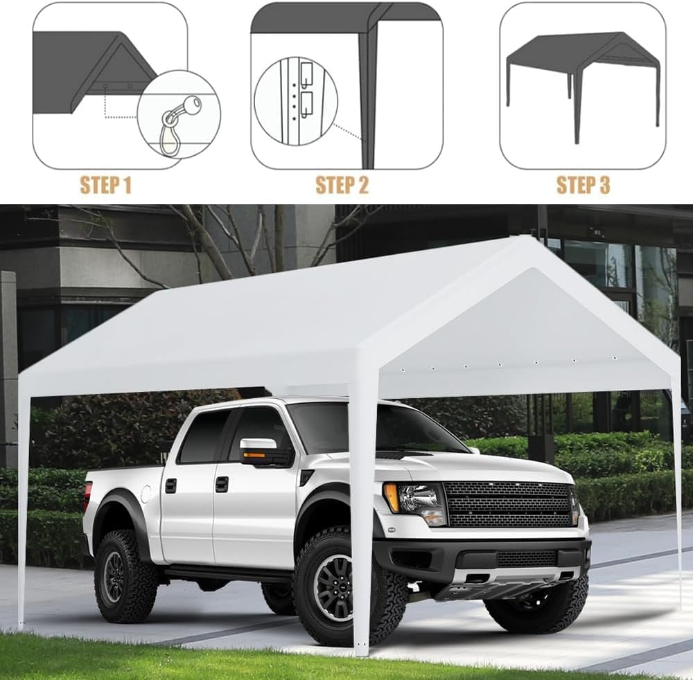 Rutile 10 x 20 FT Carport Replacement Cover, Heavy Duty Car Tarp Canopy Tent Garage Top Shelter With Fabric Leg Pole Skirts and Ball Bungees - White (Only Top Cover, Frame Not Included)