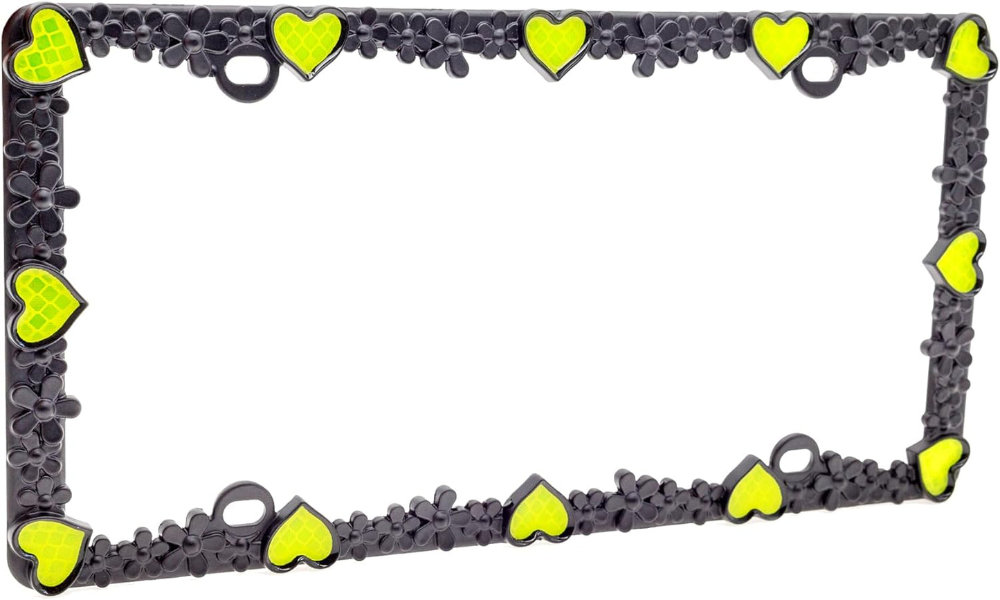 Creathome 3D Daisy Heart License Plate Frame from Pure Zinc Alloy Metal Perfect Plate Holder, Matt Black Daisy with Yellow Reflective Heart