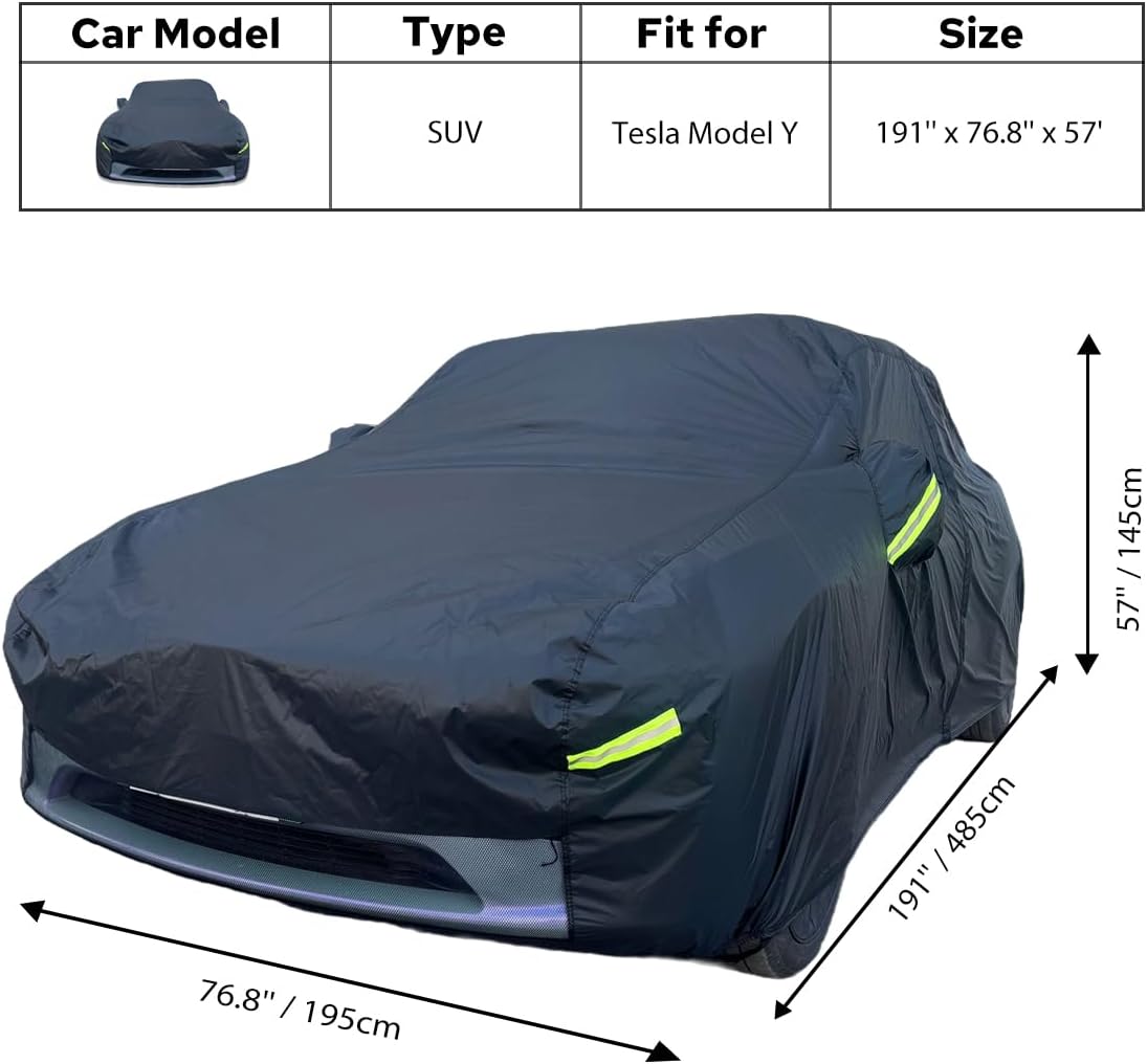 Car Cover Custom Fit for Tesla Model Y, Waterproof All Weather Full Exterior Cover Rain Snow UV Protection with Door Zipper Charging Port