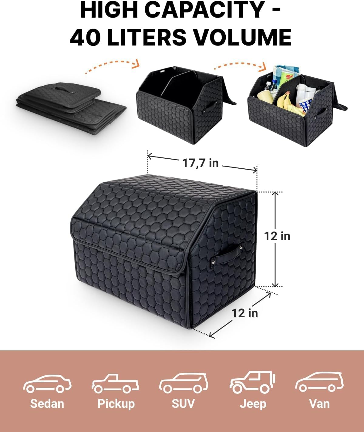Cargo Organizer 17.7" - Compact Storage Totes With Lids For SUV, Sedan Or Truck - Durable Car Crate For Travel Essentials - Unique Gifts For Dad (Black 17.7)