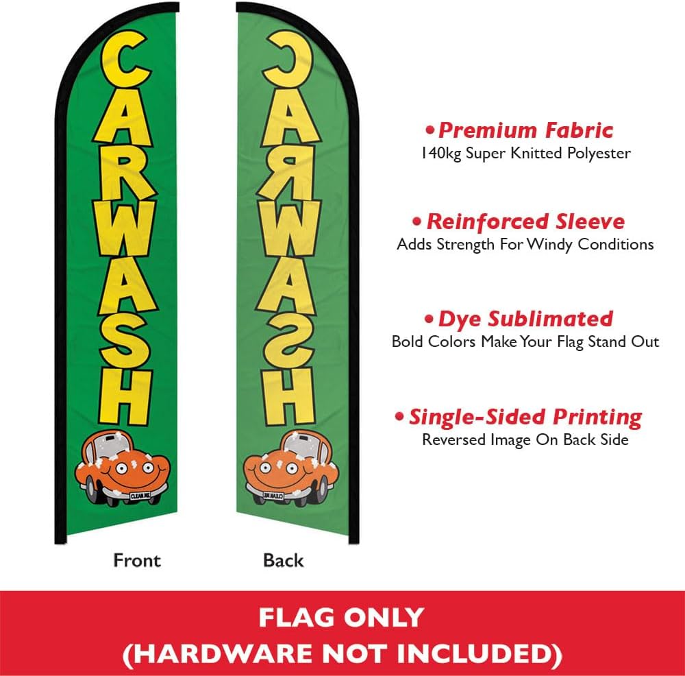 Car Wash (Green) Windless Banner Advertising Flag - Perfect for Car Washes, Auto Detailers, Mobile Car Wash, Drive-Thru Wash, Gas Stations