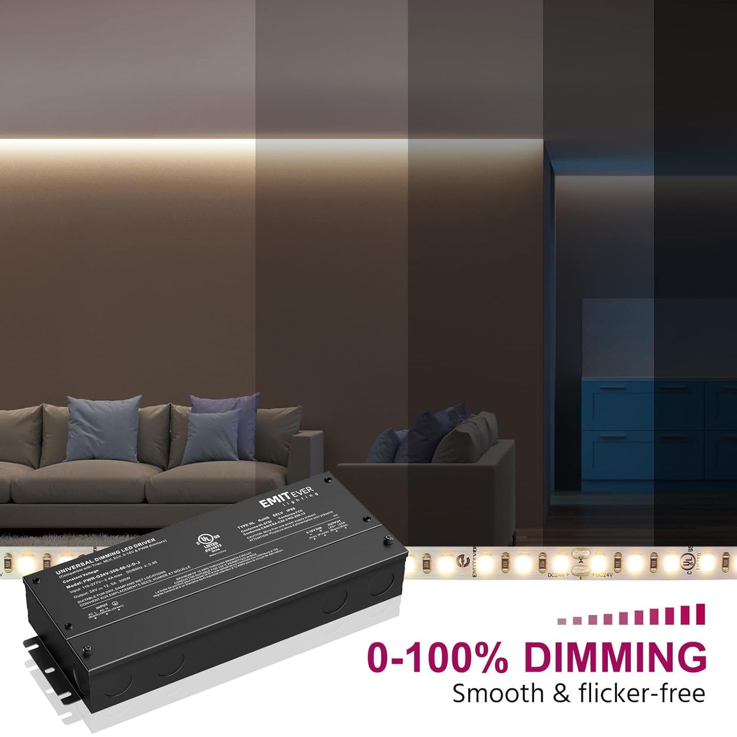 EMITEVER Dimmable Led Driver, 300W AC 110V-277V to DC 24V Transformer, 5-in-1 Dimming: ELV/MLV/TRIAC / 0-10V / 1-10V / 10V PWM/Potentiometer, Waterproof IP67 and UL Listed