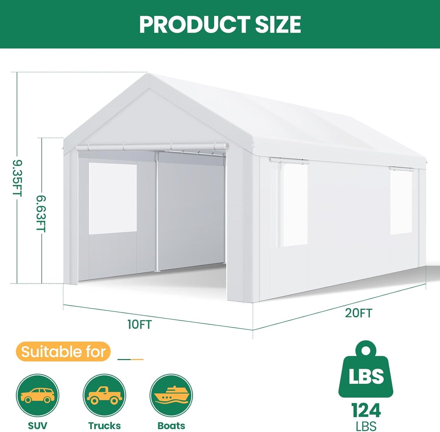 COBIZI Carports 10x20 Heavy Duty Car Canopy Garage with Removable Sidewalls & Doors, Galvanized Frame Portable Carport Canopy with Built-in Sandbags & All-Season Tarp for Car Boat Truck, White