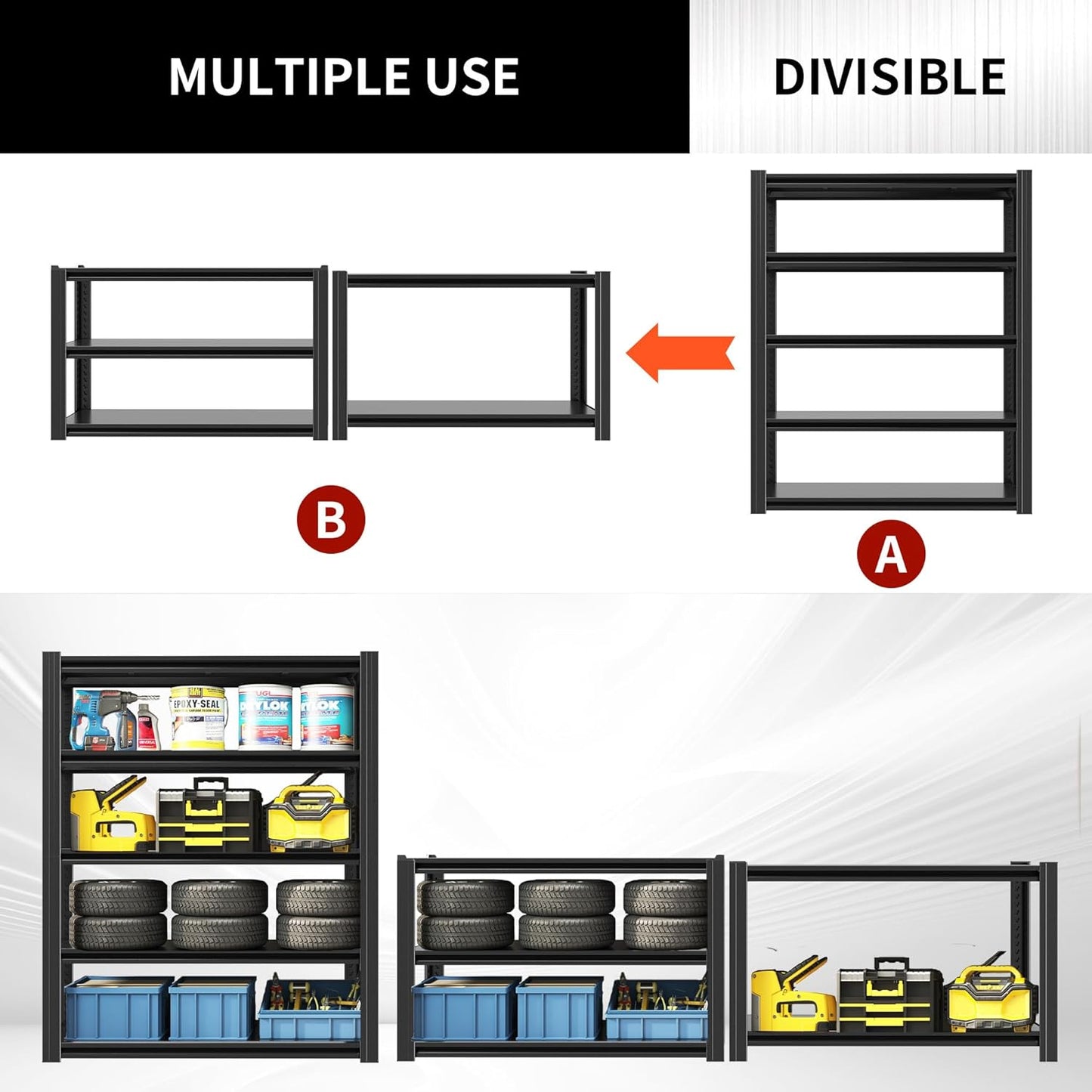 72" H Garage Shelving 2500 LBS Heavy Duty Storage Shelves, Adjustable 5 Tier Metal Shelving Unit, Metal Racks for Storage, Utility Shelves for Workshop, Basement, Home Office 72" H*35.4"W*15.7"D