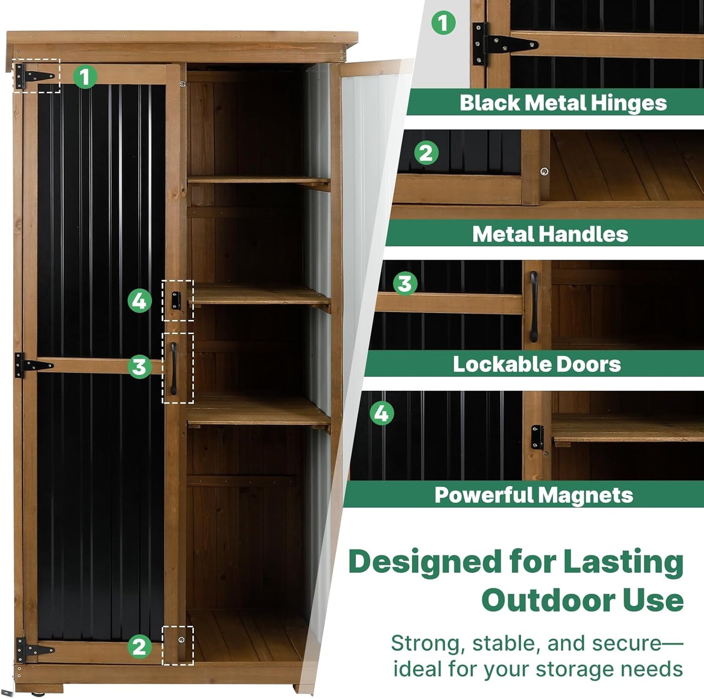 Outdoor Storage Cabinet Wood & Metal, Tall Tool Shed with Weatherproof, Double Lockable Doors, Removable 3 Shelves, Adjustable Feet for Patio, Garden, Backyard, Lawn, 32" x 15.5" x 66" (Brown)