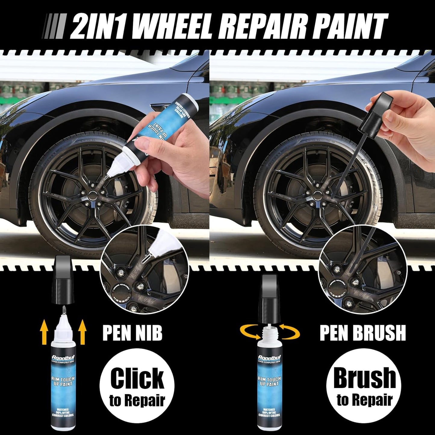 Pure Black Rim Touch Up Paint - Car Wheel Repair Kit Curb Rash, Gloss or Matte Black Rim Touch Up Paint, Quick And Easy Wheel Scratch Repair Kit, Wheel Repair Kit Curb Rash (Pure Black)