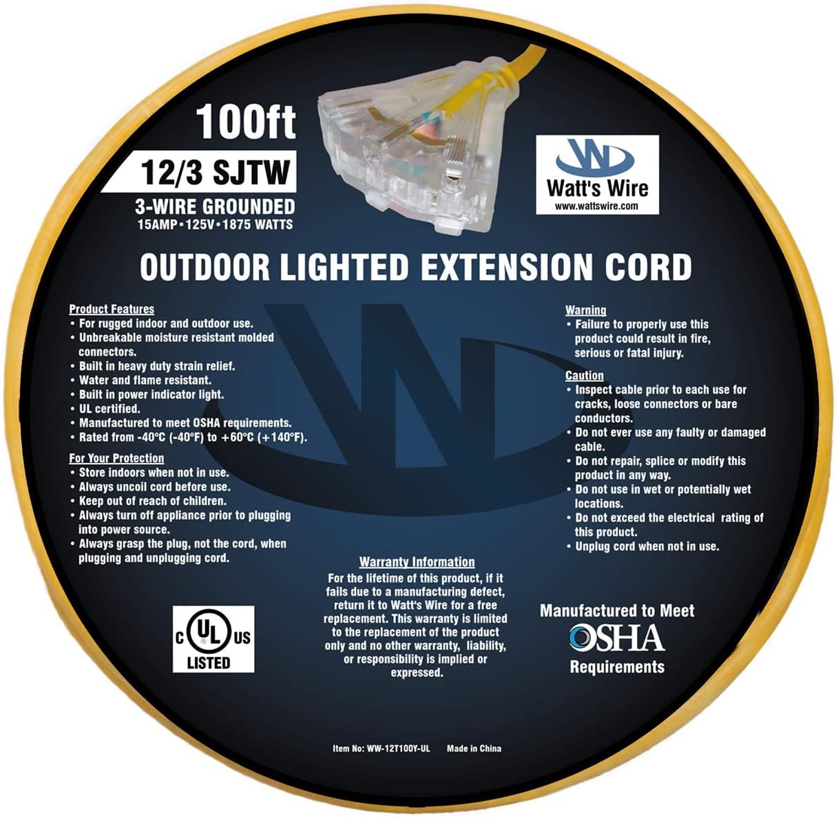 100 ft - 12 Gauge Heavy Duty Extension Cord - 3 Outlet Lighted SJTW - Indoor/Outdoor Extension_Cord by Watt's Wire - 100' 12-Gauge Grounded 15 Amp ExtensionCord