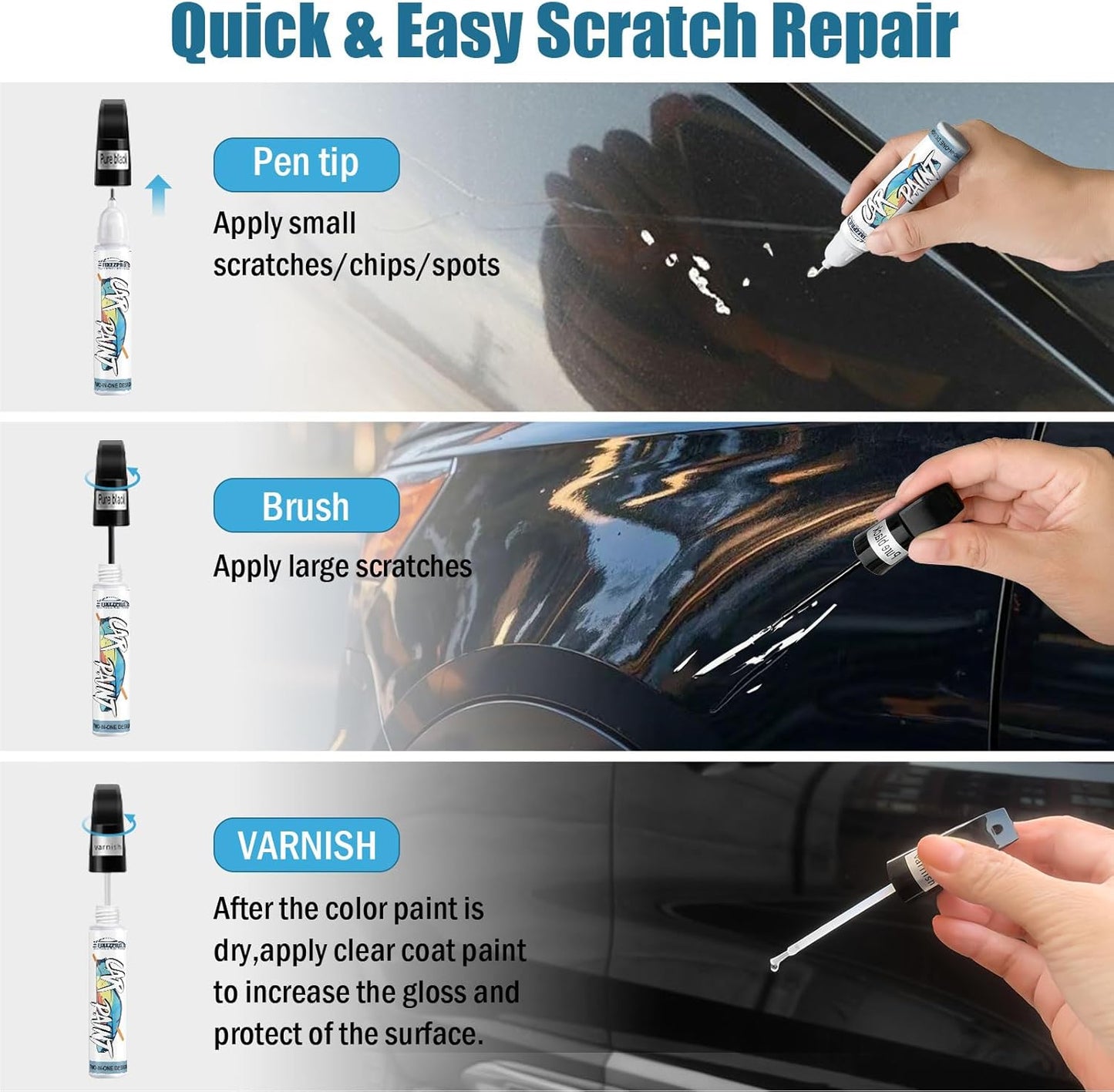 Black Touch Up Paint for Cars, Car Scratch Repair Pen, Color Accurate Automotive Paint with Varnish Clear Coat Pen Quick and Easy Fix Vehicles Chip Rim Scuff Repair