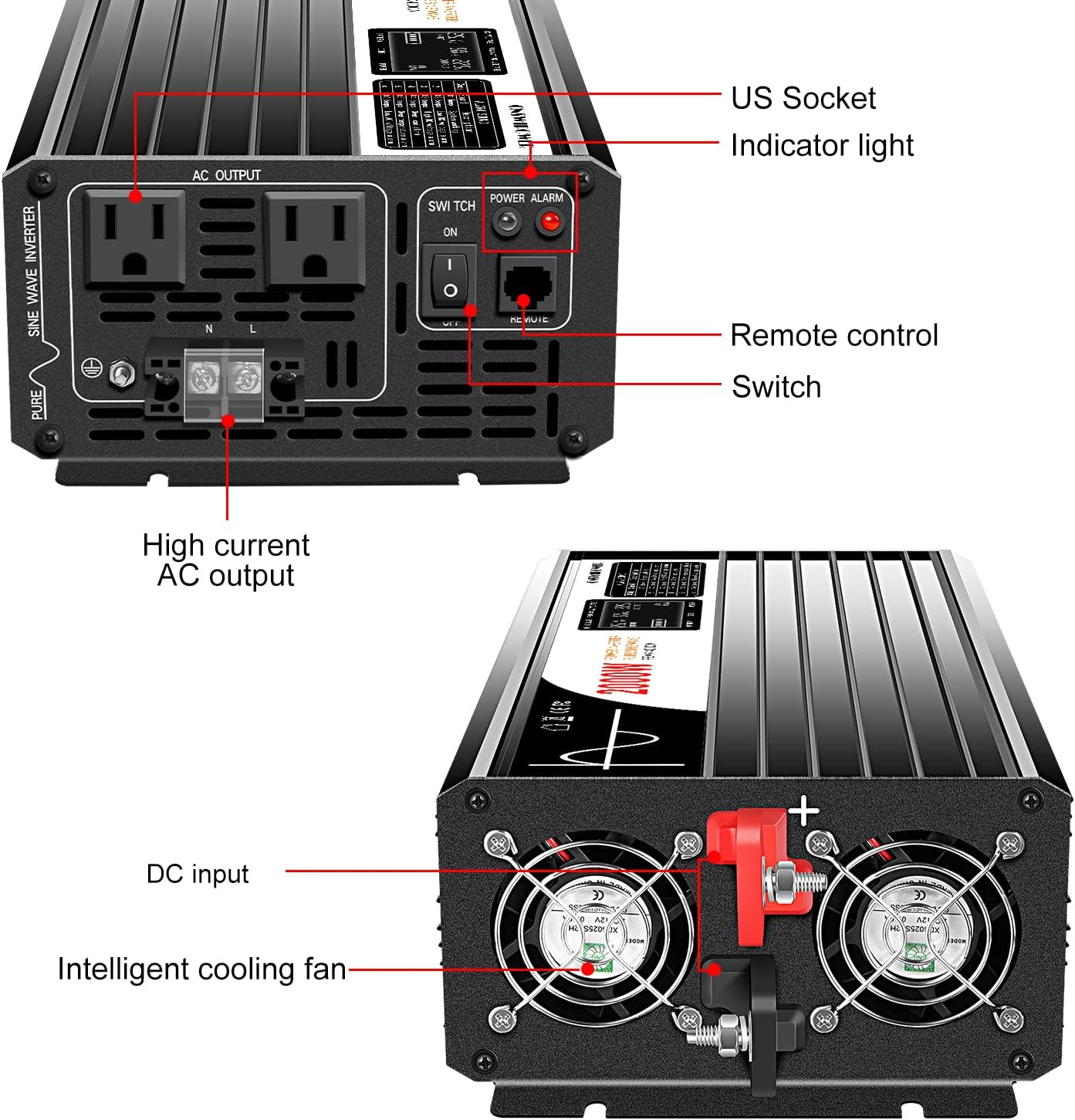 Xijia Pure sine Wave Inverter 2000W 48 Volt dc to 120 Volt ac Inverter (Peak Power 4000W) rv Converter 60HZ with Soft Start for car &Camping (DC48V (Range 40V-60V) 2000W)