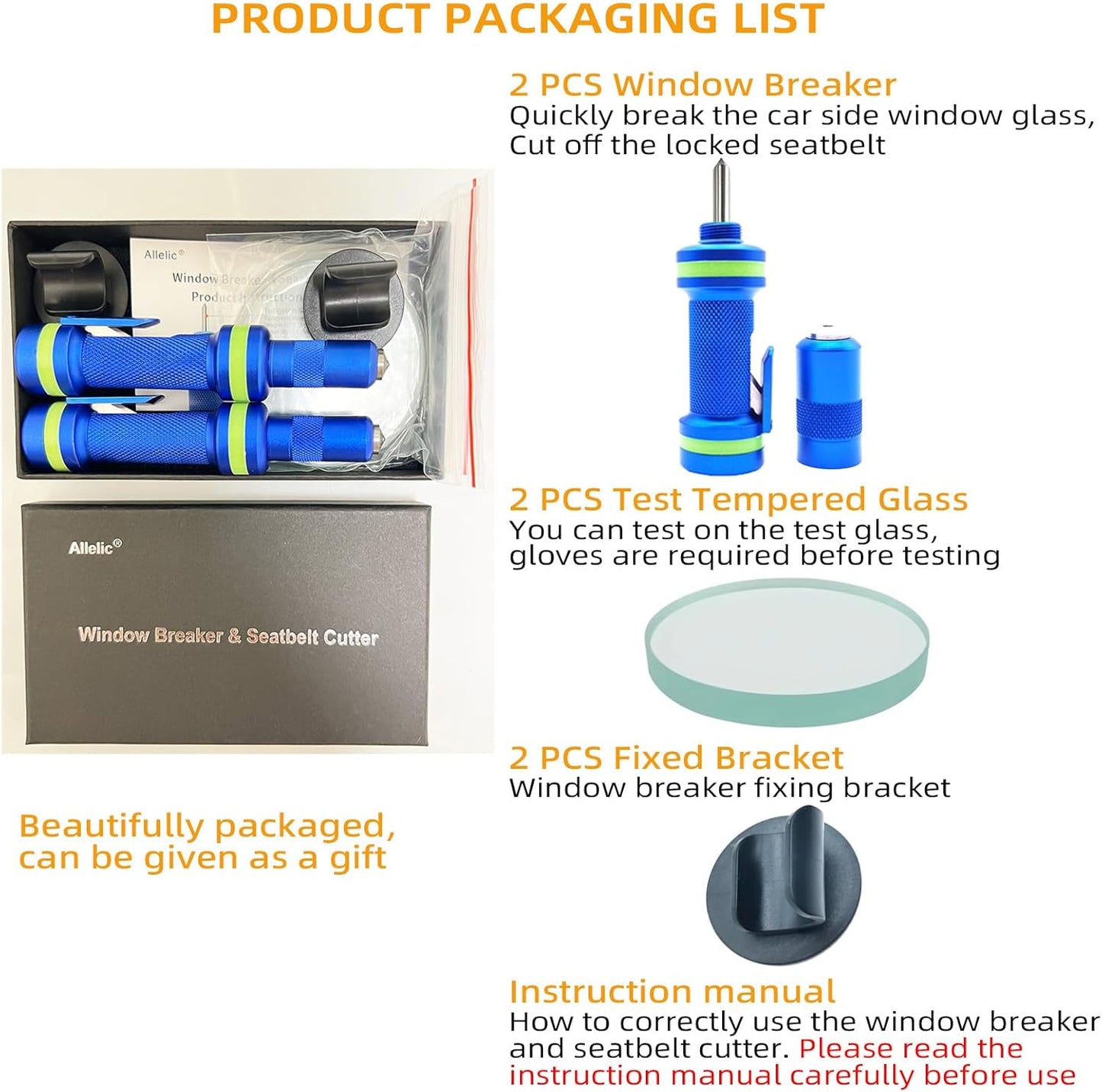 Allelic Car Window Breaker Tool, Window Breaker Seatbelt Cutter, Window Breaker, Glass Breaker, Spring-Loaded Window Breaker for Land & Underwater (Blue, 2 PCS)