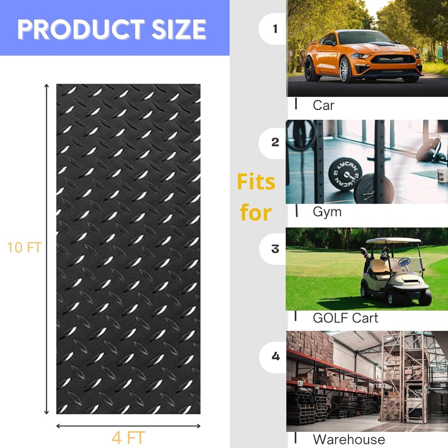 4X10 FT Garage Floor Mat, 2.5 Inch Thickened Diamond Plate Flooring Roll for Under Car, Non-Slip Commercial Grade Heavy Duty Parking Mat for Garage, Warehouse, Workshop, Basement, Gym(Black)