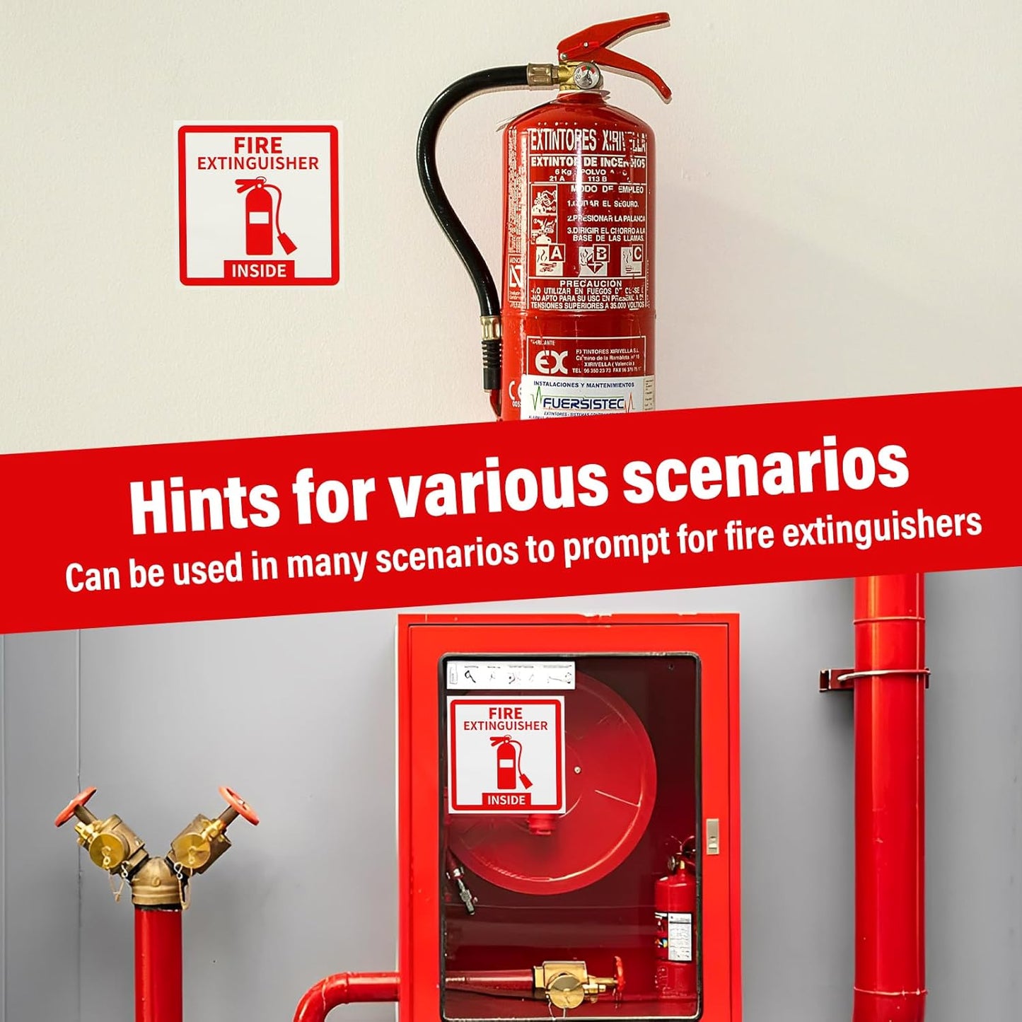 Madrigal Fire Extinguisher Inside Sticker Sign,8Pack 3x3" Self-Adhesive Vinyl, Weatherproof & UV Protected for Cars, Trailers, Rv's, Trucks and Vehicles, Red on White