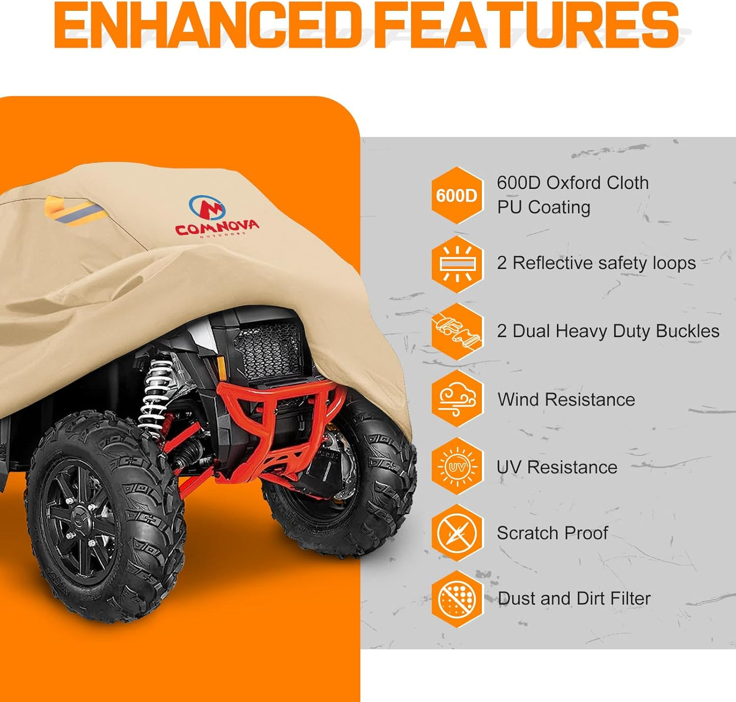 Comnova ATV Cover for 4 Wheelers - 88 Inch ATV Covers 600D Waterproof Heavy Duty, Outdoor Four Wheeler Quad Cover All Weather Large for Polaris, Kawasaki, Arctic Cat, Honda, Yamaha and More