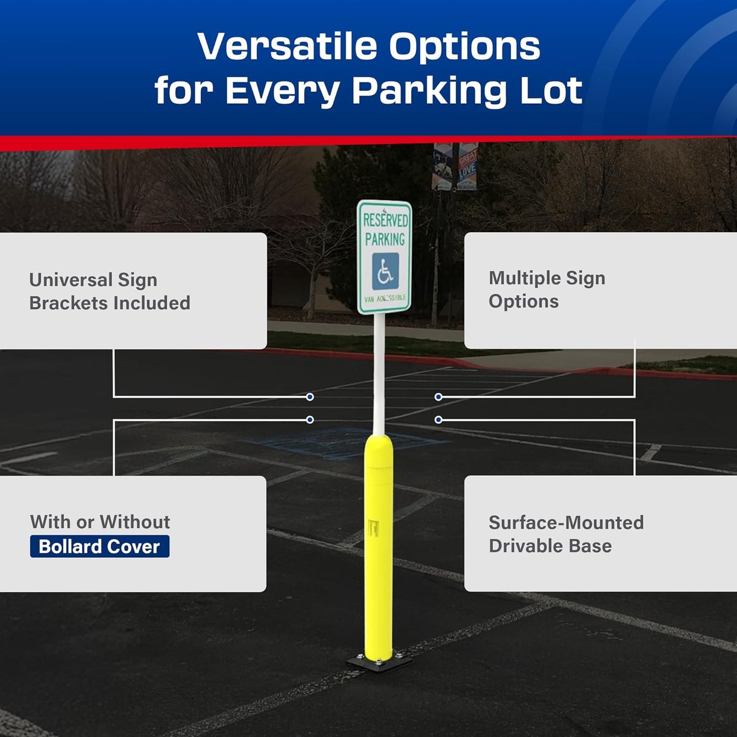 Impact Recovery - Sta-Rite Flexible Sign Post - Sign Holder - Handicap Parking Signs - Made in the USA - 102” with Yellow Bollard - Van Accessible Signage