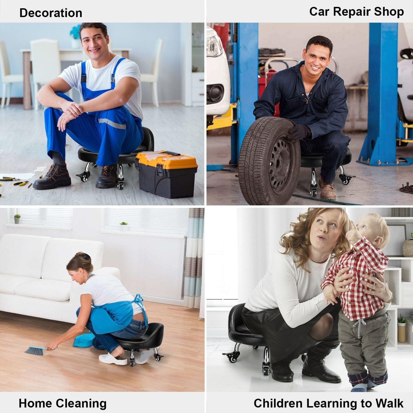 Rolling Stool with Backrest Low Height Rolling Stool with PU Leather, Roller Stool Chair, Roller Seats for Home, Office, Garage, Shop, Library