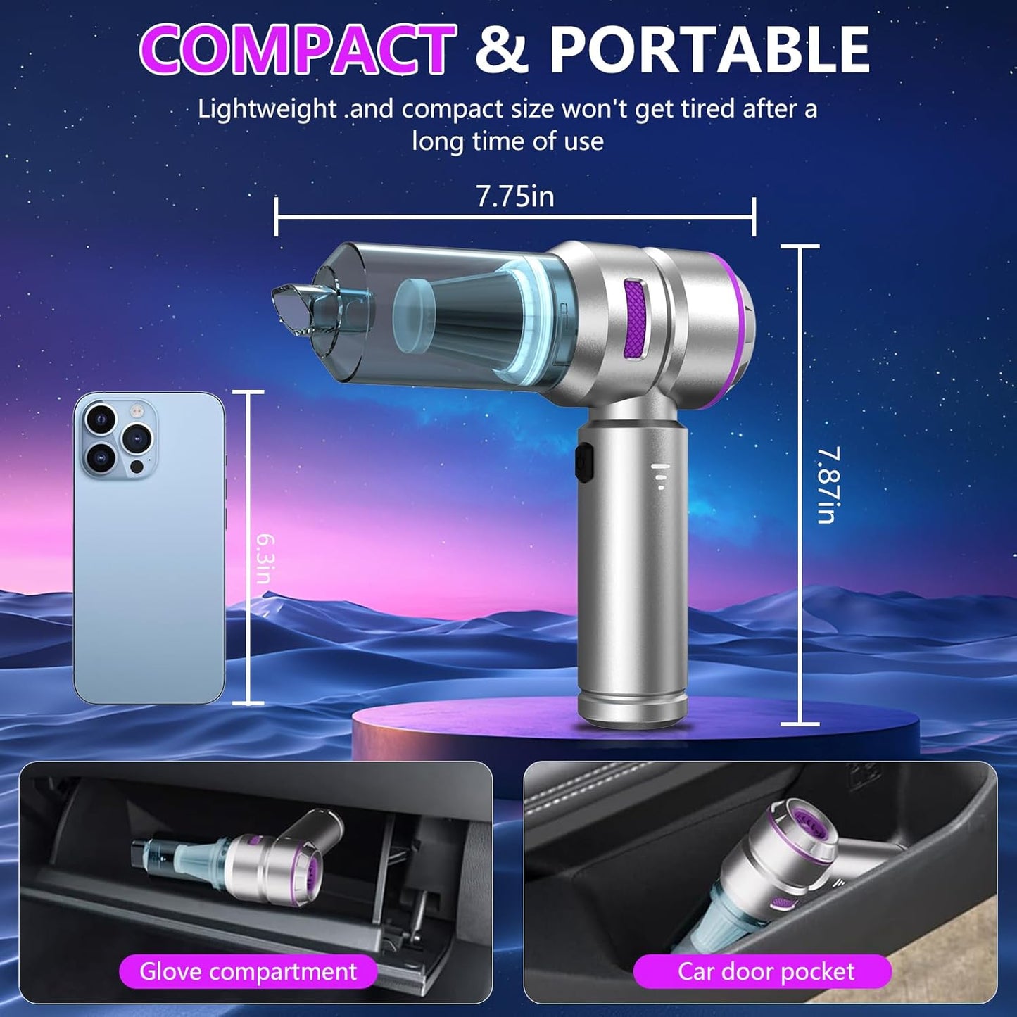 Car Vacuum,4-in-1 Mini Cordless Vacuum Cleaner with 3 Suction Modes&23000pa Suction,Portable Handheld Vacuum with LED Light,Multi-Nozzles&Brushless Motor&Air Dusters,TypeC for Car/Home/Pet/Office