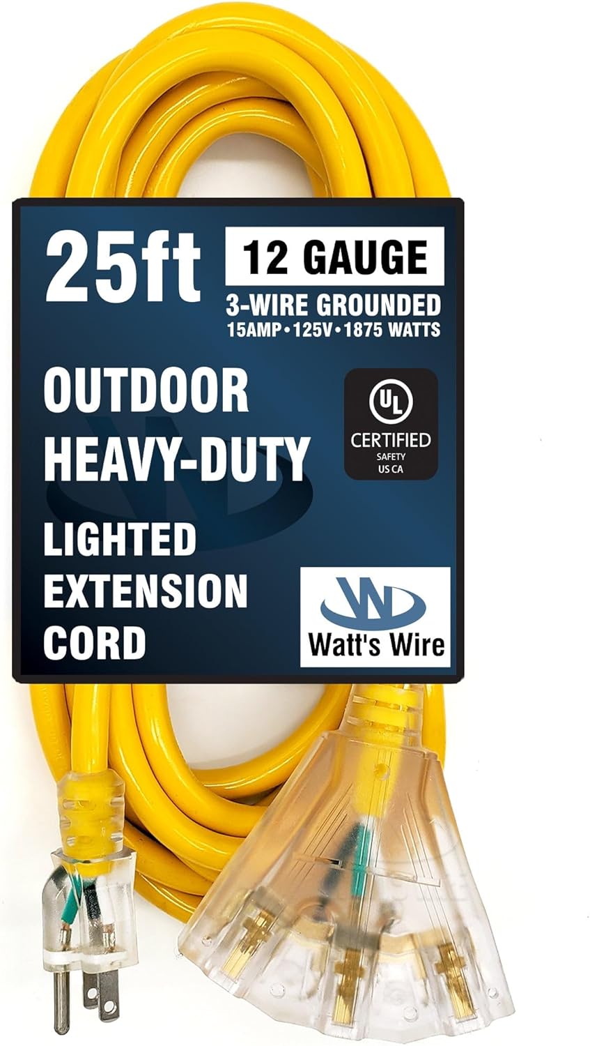 25 ft - 12 Gauge Heavy Duty Extension Cord - 3 Outlet Lighted SJTW - Indoor/Outdoor Extension_Cord by Watt's Wire - 25' 12-Gauge Grounded 15 Amp ExtensionCord