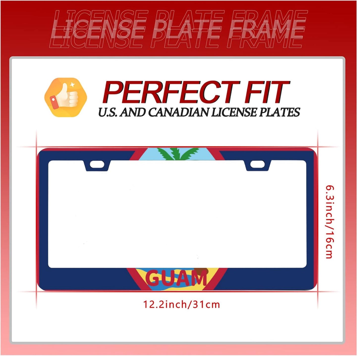 Personalise Guam Flag License Plate Frames Round Hole Guams License Plate Frame Car Universal Accessories Stainless Steel Cars Decorative 2 Holes Screws Fits Standard US Vehicles Size 12.2 x 6 Inch