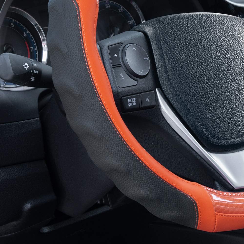 Motor Trend SW-812 Orange Ultra Sport Pebbled Leather Steering Wheel Cover with Carbon Fiber Detail-Universal Fit for Standard Sizes 14.5 to 15.5 inches Black