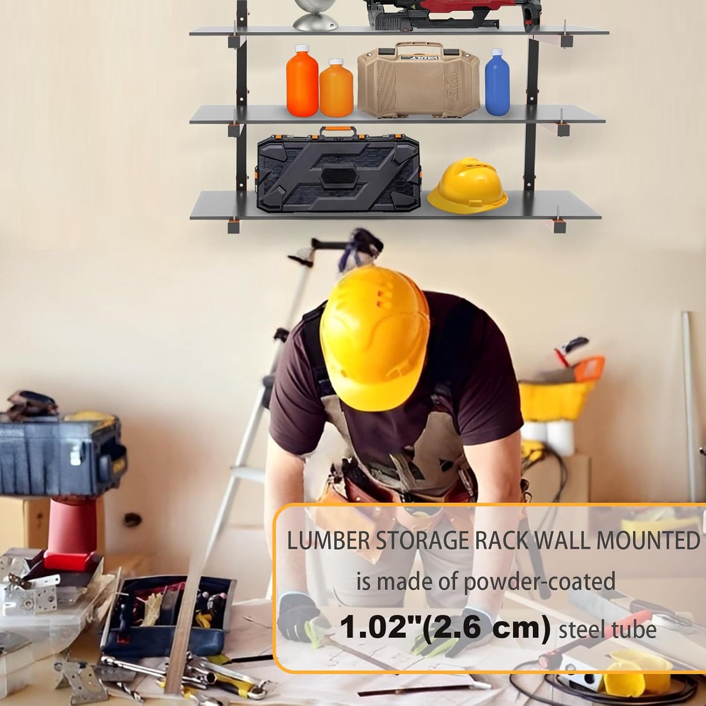 Lumber Rack Wall Mount, Heavy Duty Wood Storage Racks, 9-Level System Garage Shelving, 1080 Lbs Capacity Organizer Shelves, Folding Orange Brackets, 6 Pack Hanging Metal Shelf for Indoor and Outdoor