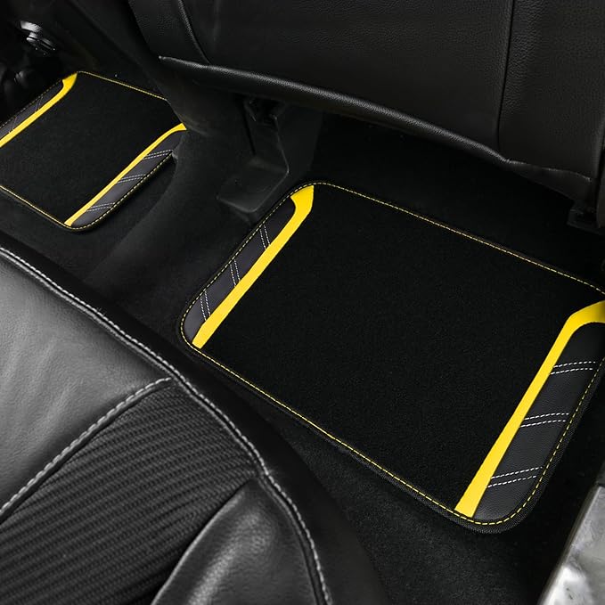 CAR PASS Leather Steering Wheel Cover and Waterproof Car Floor Mats,Microfiber Universal Car Combo Fit for 95% Sedan SUV Van Truck,14.5-15 inch Sporty Anti-Slip Safety Comfortable Design, Black&Yellow