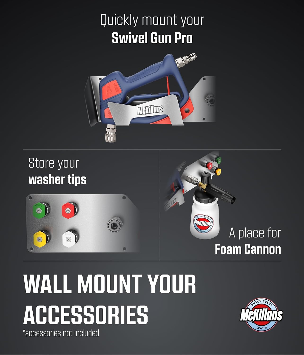 McKillans® Stainless Wall Organizer PRO - Pressure Washer Gun & Foam Cannon Holder - Foam Cannon Wall Mount Quick Connect - Tip & Nozzle Holder - Wall Mounted Garage Organizer