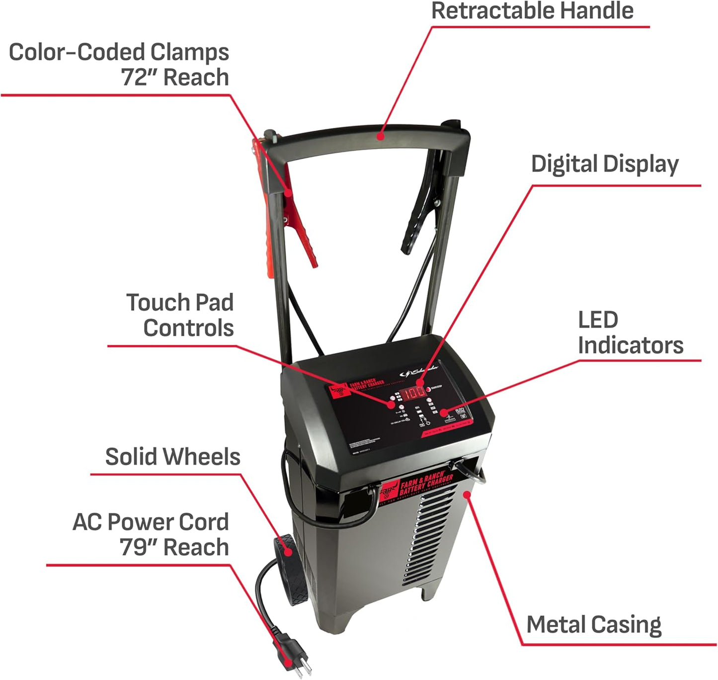 Schumacher Electric Farm and Ranch Wheeled 6A Charger and 250A Engine Starter, 4-in-1 Solution for 6V/12V Batteries, Maintainer, 50A Boost, FR01336, For Power Sport, Automotive, and Marine Batteries