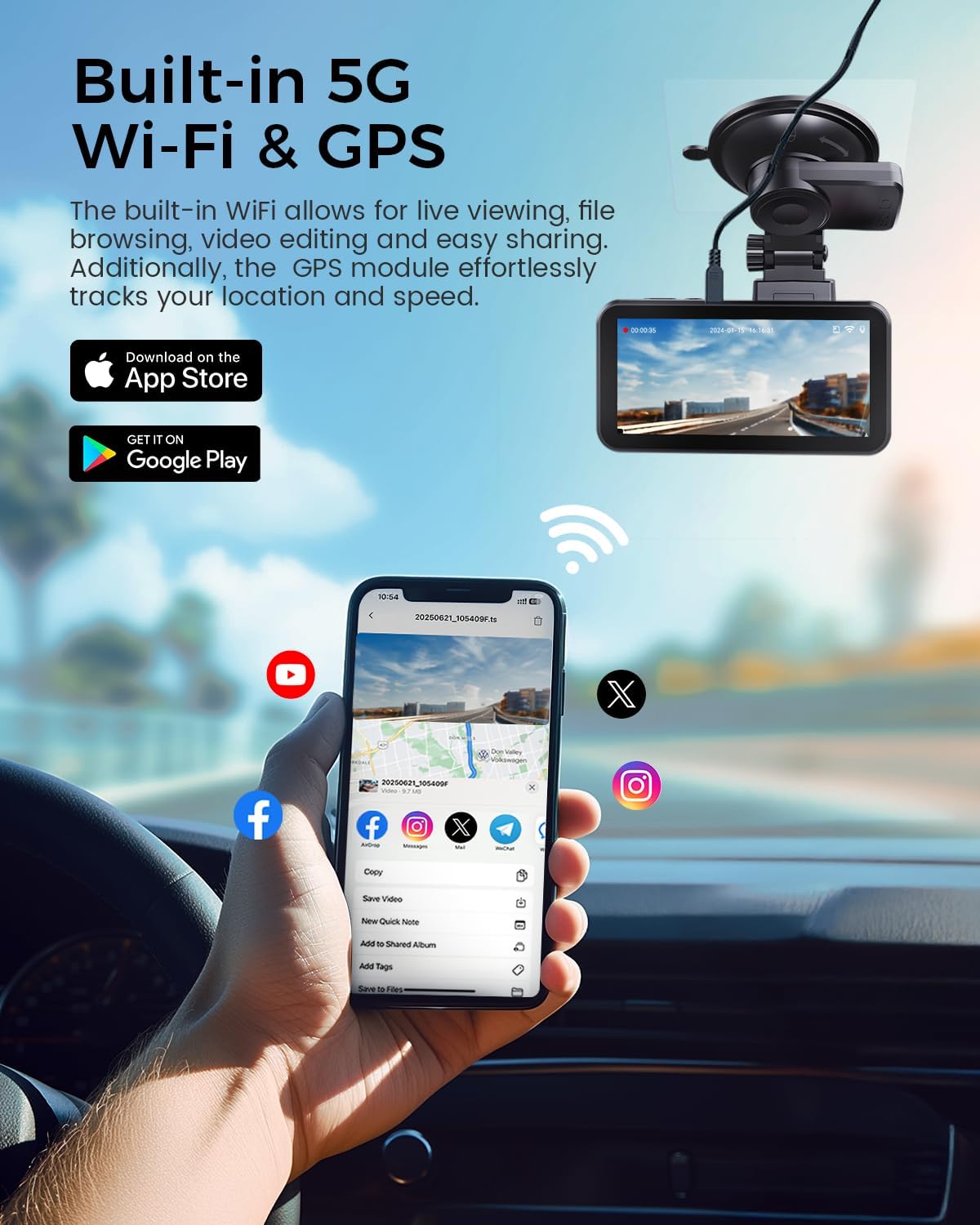 COOLCRAZY 4K Dash Cam Front and Rear with Touch Screen & STARVIS Sensor,5.8Ghz Wi-Fi,GPS,64GB Card,Night Vision Dashcam,G-Sensor,Loop Recording,App Control,24H Parking Monitor Car Camera