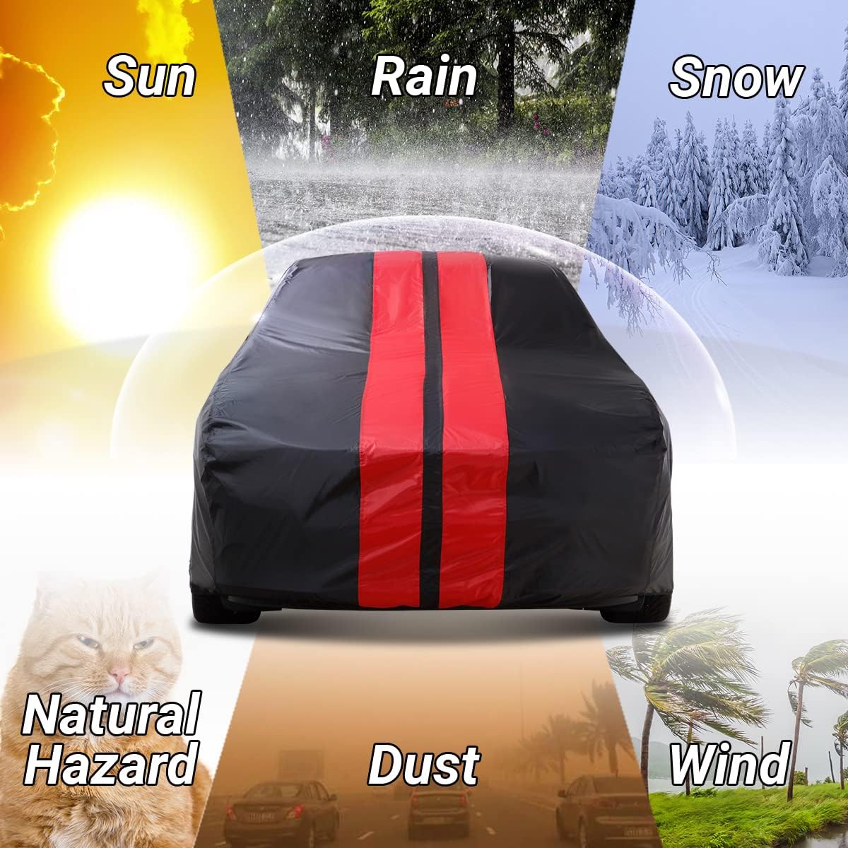 iCarCover Custom Car Cover for 1969-1973 Ford Mustang Waterproof All Weather Rain Snow UV Sun Protector Full Exterior Indoor Outdoor Car Cover (Stripe - Black/Red)