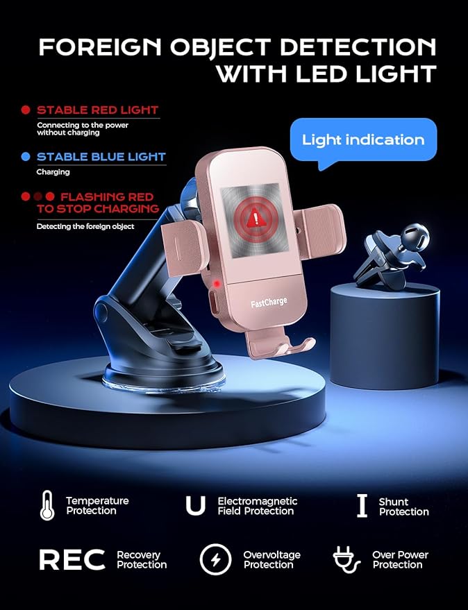 CHGeek Wireless Car Charger, 15W Fast Charging Auto Clamping Car Charger Phone Mount Phone Holder fit for iPhone 15 14 13 12 11 Pro Max Xs, Samsung Galaxy S25 Ultra S24 S23 S22, S21, S20, Pink