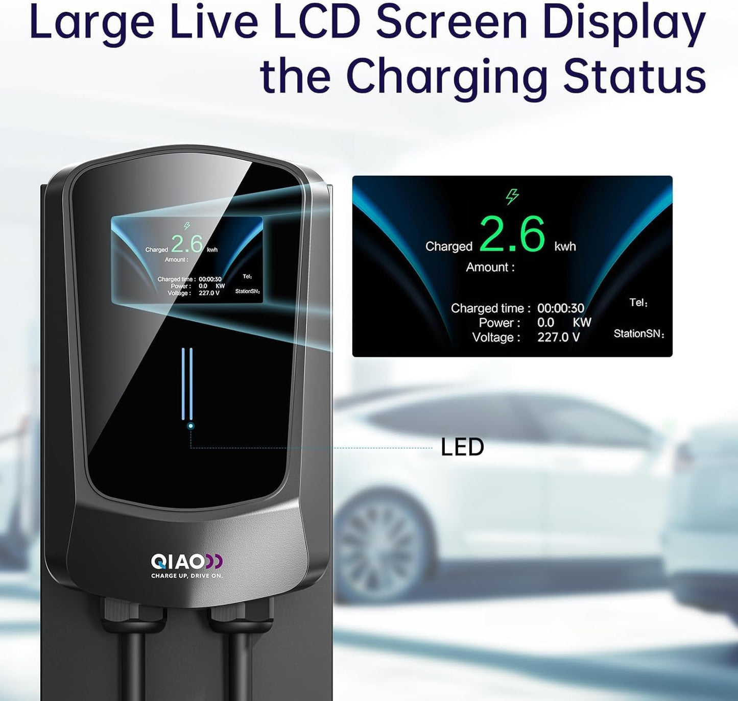 QIAO Level 2 EV Charger, Up to 40A Electric Car Charger, Wi-Fi Bluetooth APP Enabled EVSE, 4.3in Display, 25ft Cable, NEMA 6-50 Plug Charge Station Compatible with All SAE J1772 EV Models Black