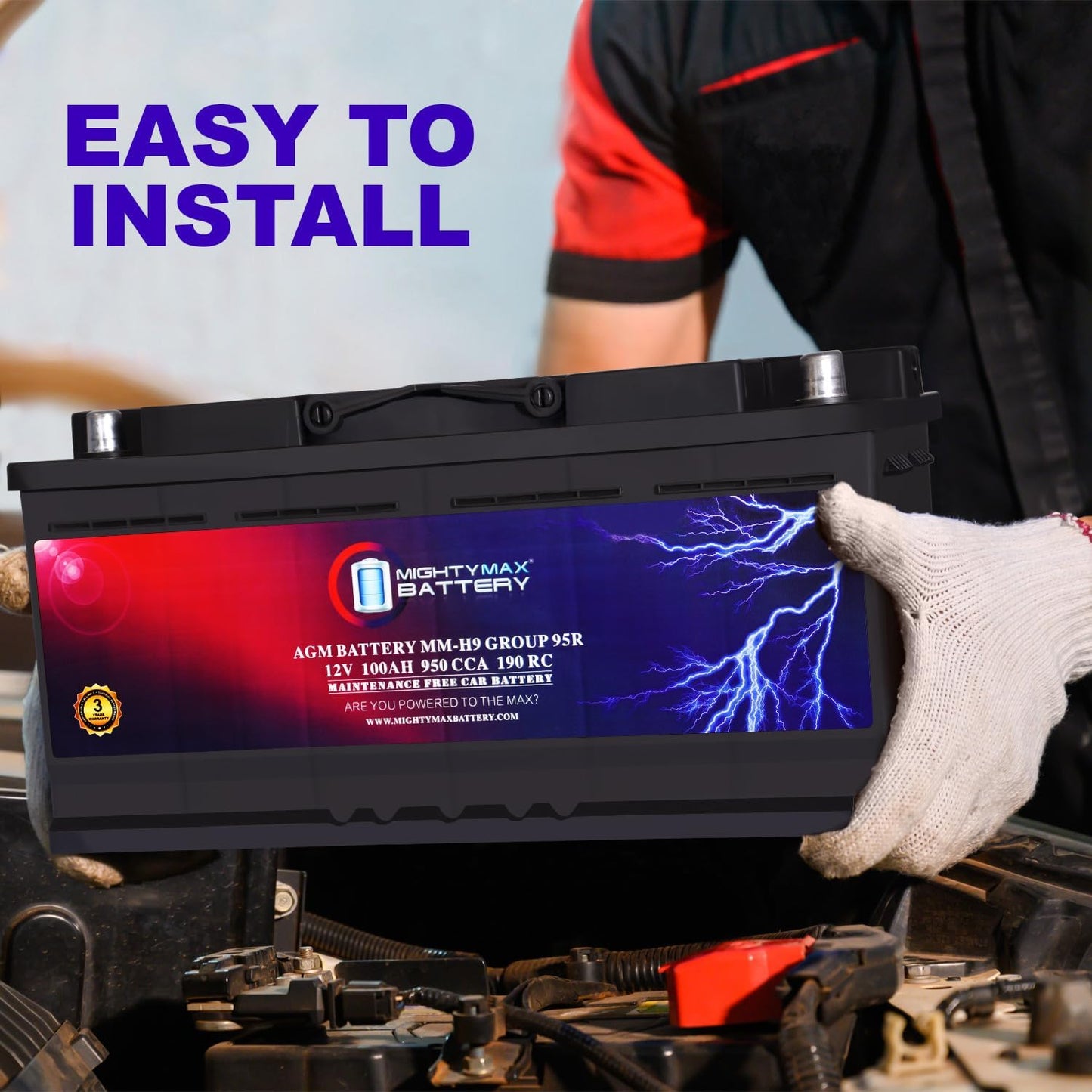 Mighty Max Battery MM-H9 Start and Stop Car BCI Group 95R 12V 100AH, 190RC, 950CCA Rechargeable AGM Car Battery