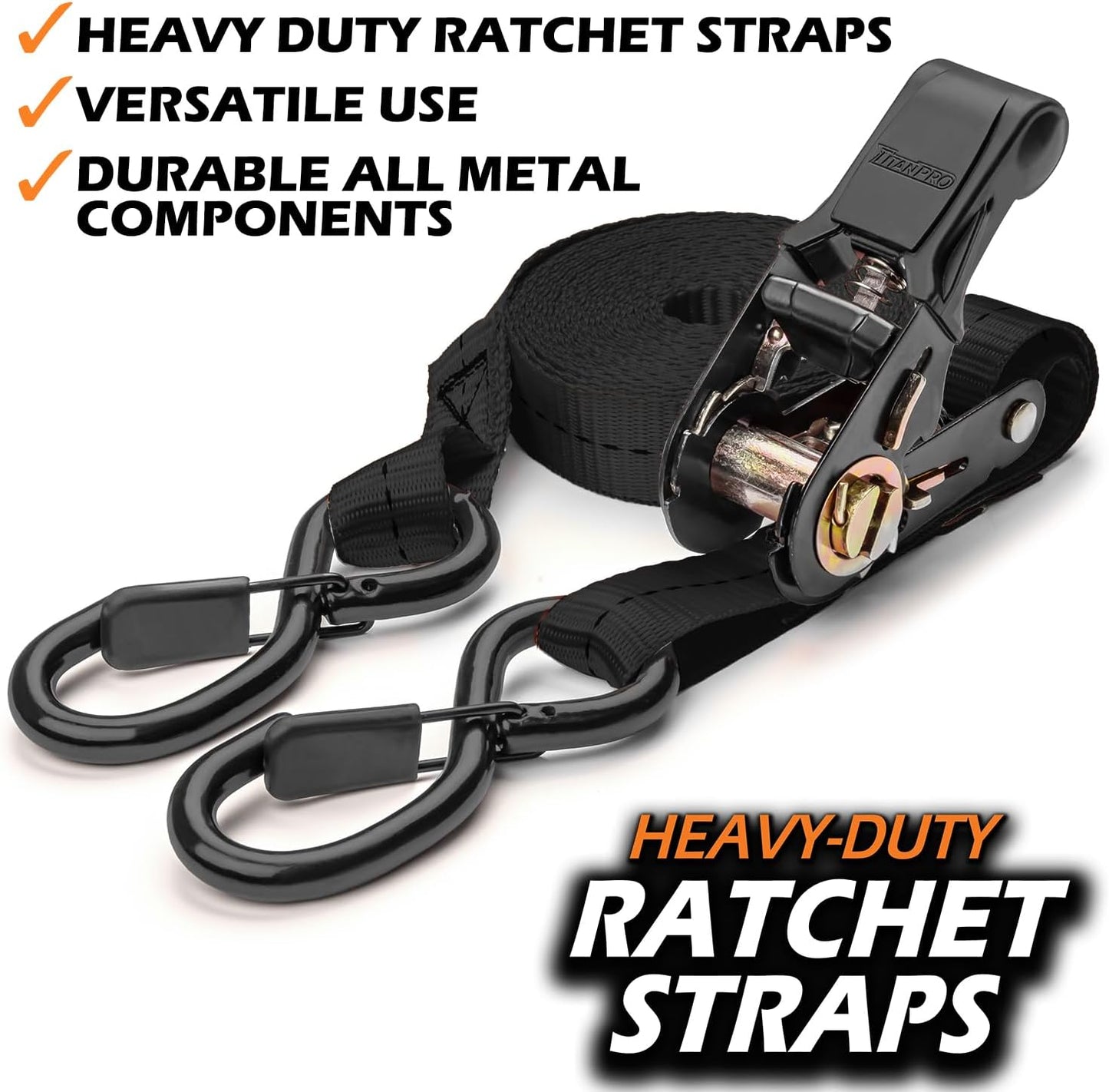 TitanPro Heavy Duty Ratchet Straps 4-Pack - 2,200lb Break Strength, 1" x 15' Rachet Tie Downs with Padded Handles - Heavy Duty, Truck, Motorcycle, Moving Straps (Black)