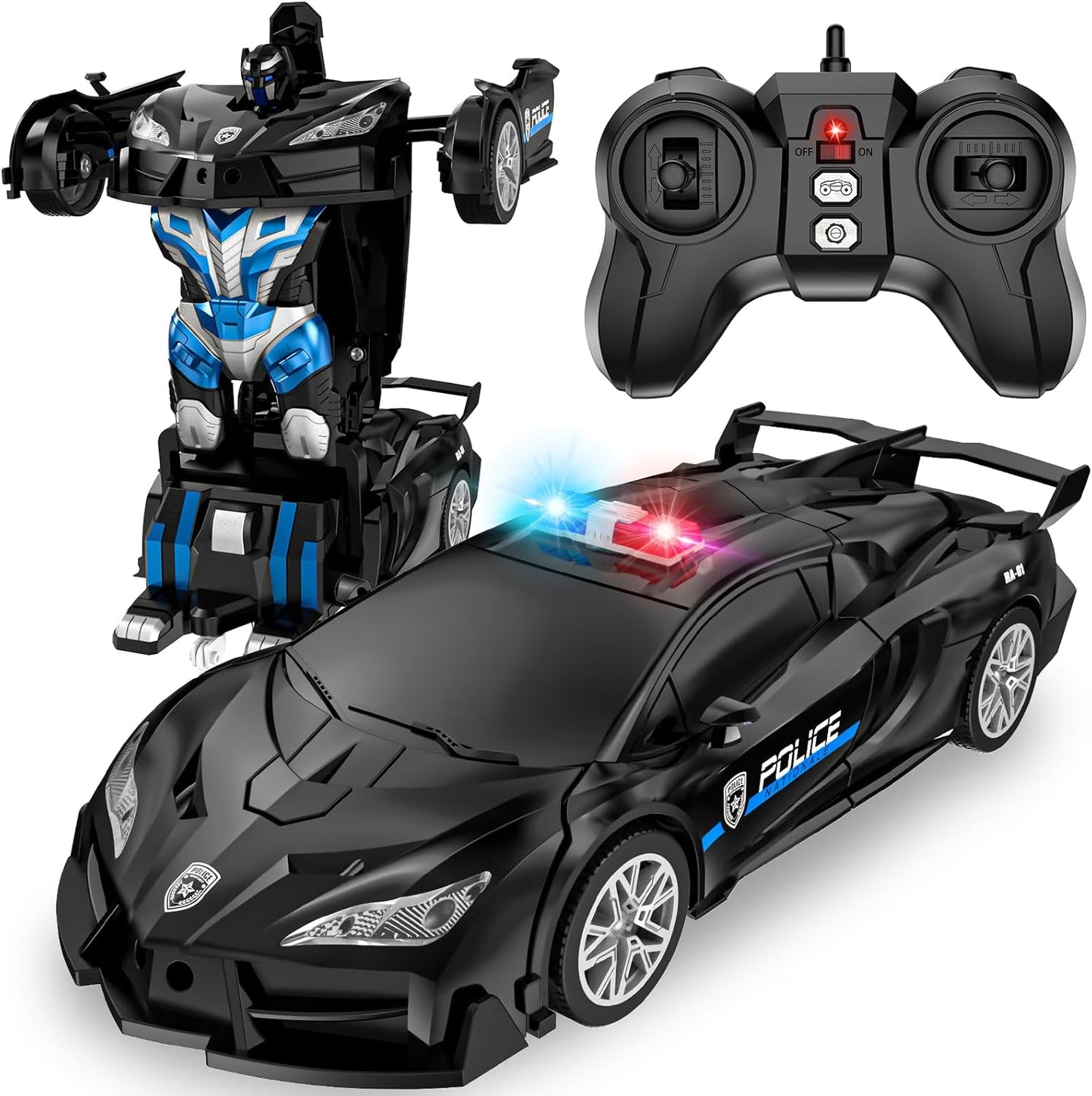 Remote Control Car for Boys 4-7, 2.4GHz RC Car 1:18 Scale, One-Button Transforming Toy with 360° Spins, LED Lights(Black)