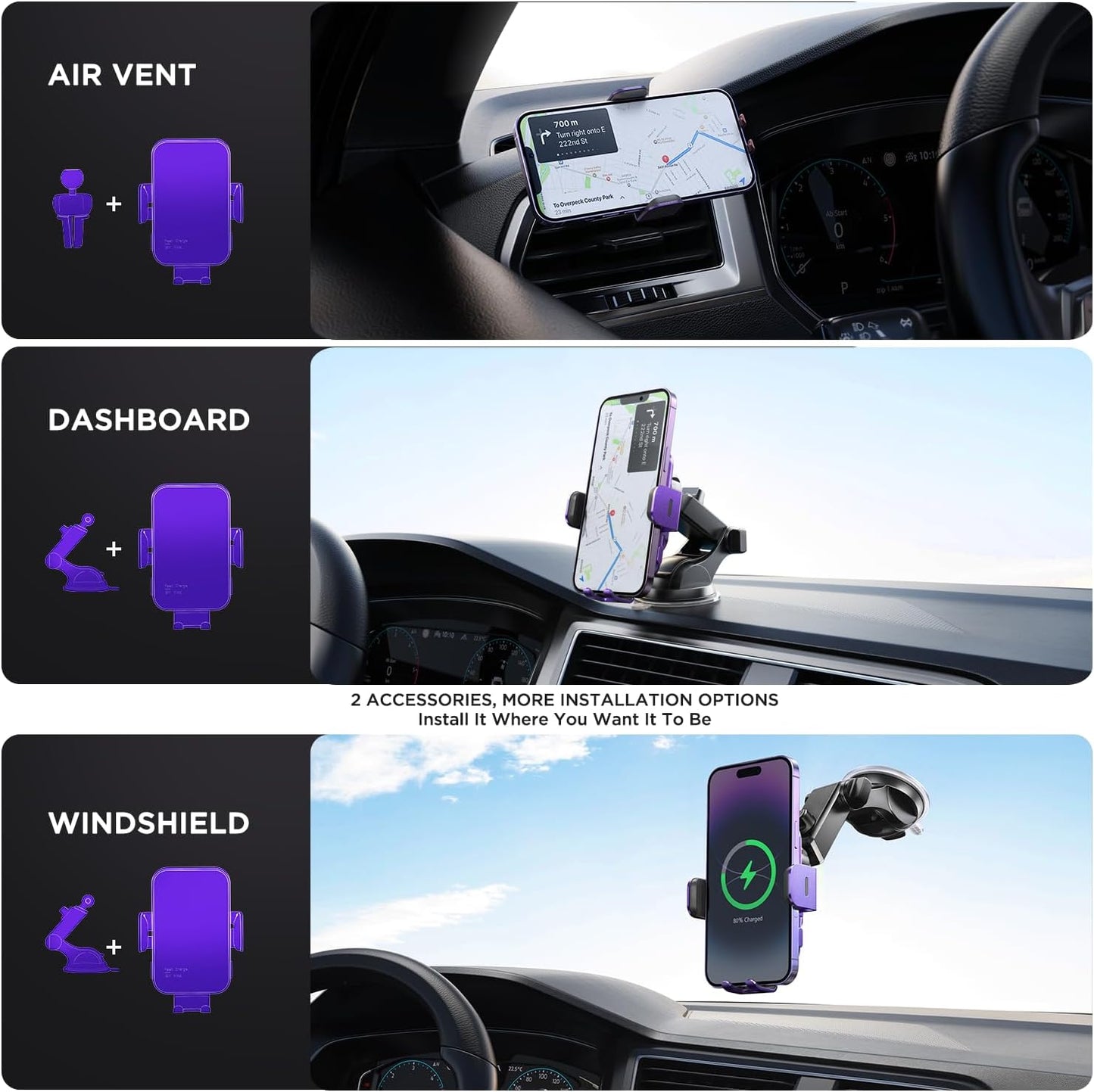 Wireless Car Charger,【7 Colored RGB Backlit】15W Auto Clamping Car Charger Phone Mount Holder for iPhone 16 15 14 13 12 Mini Pro Max 11, Samsung Galaxy S24 Ultra S23 S22 S21+ S10+ Note 20, etc - Purple