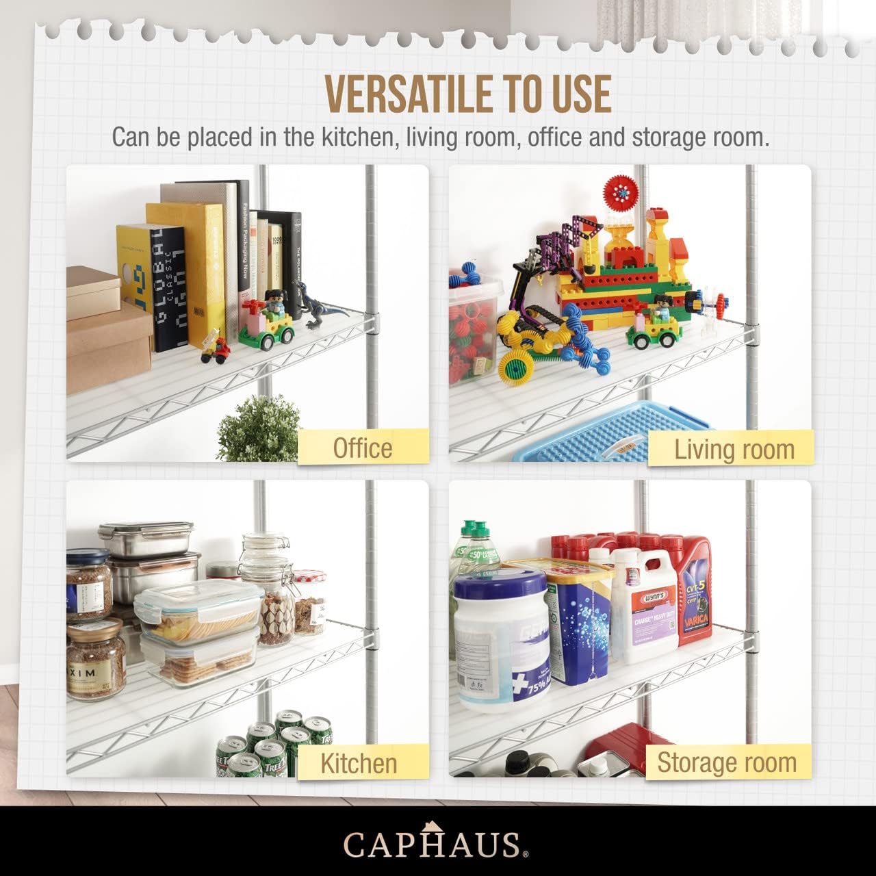 CAPHAUS NSF Adjustable Height Wire Shelving Unit w/Liner, Basement Storage Shelving, Metal Steel Storage Shelves, Garage Shelving Storage Organizer, Utility Shelf, 4-Tier No Wheels W/Liners, Black